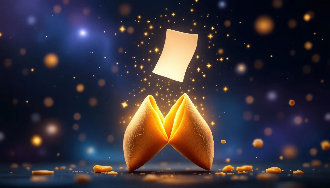 A golden fortune cookie cracking open with a glowing paper fortune slip rising on a starry night background
