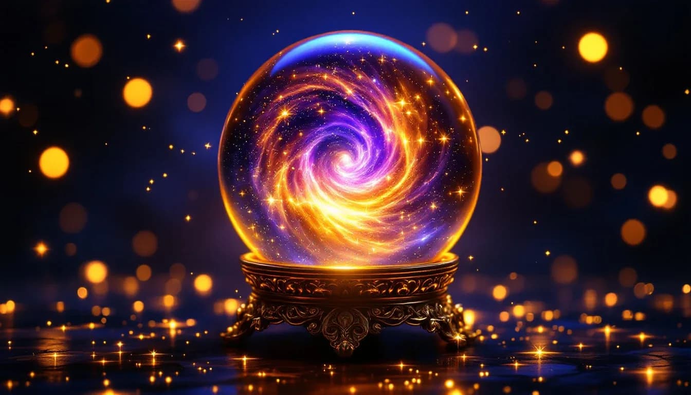 A glowing crystal ball on an ornate gold stand with a swirling violet and amber galaxy inside, on a starry background
