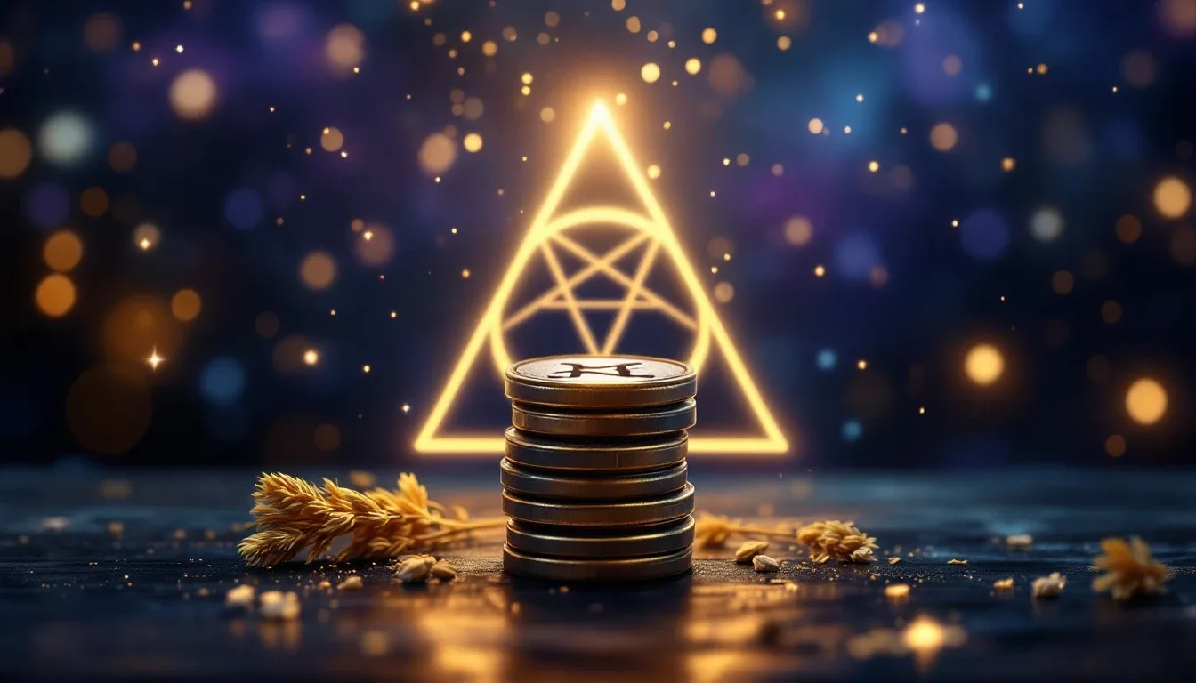 Three antique bronze I Ching coins and golden yarrow stalks with glowing hexagram line symbols rising above, on a starry background