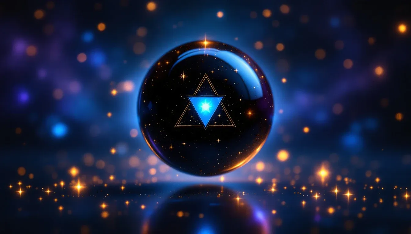 A glossy black magic 8 ball floating with its blue triangular answer window glowing on a starry background