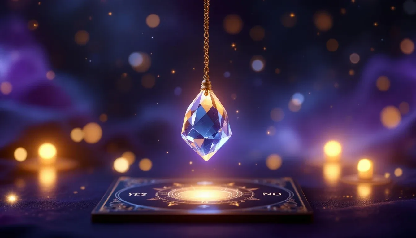 A faceted crystal pendulum on a gold chain mid-swing, tracing a glowing arc above a divination board, on a starry background