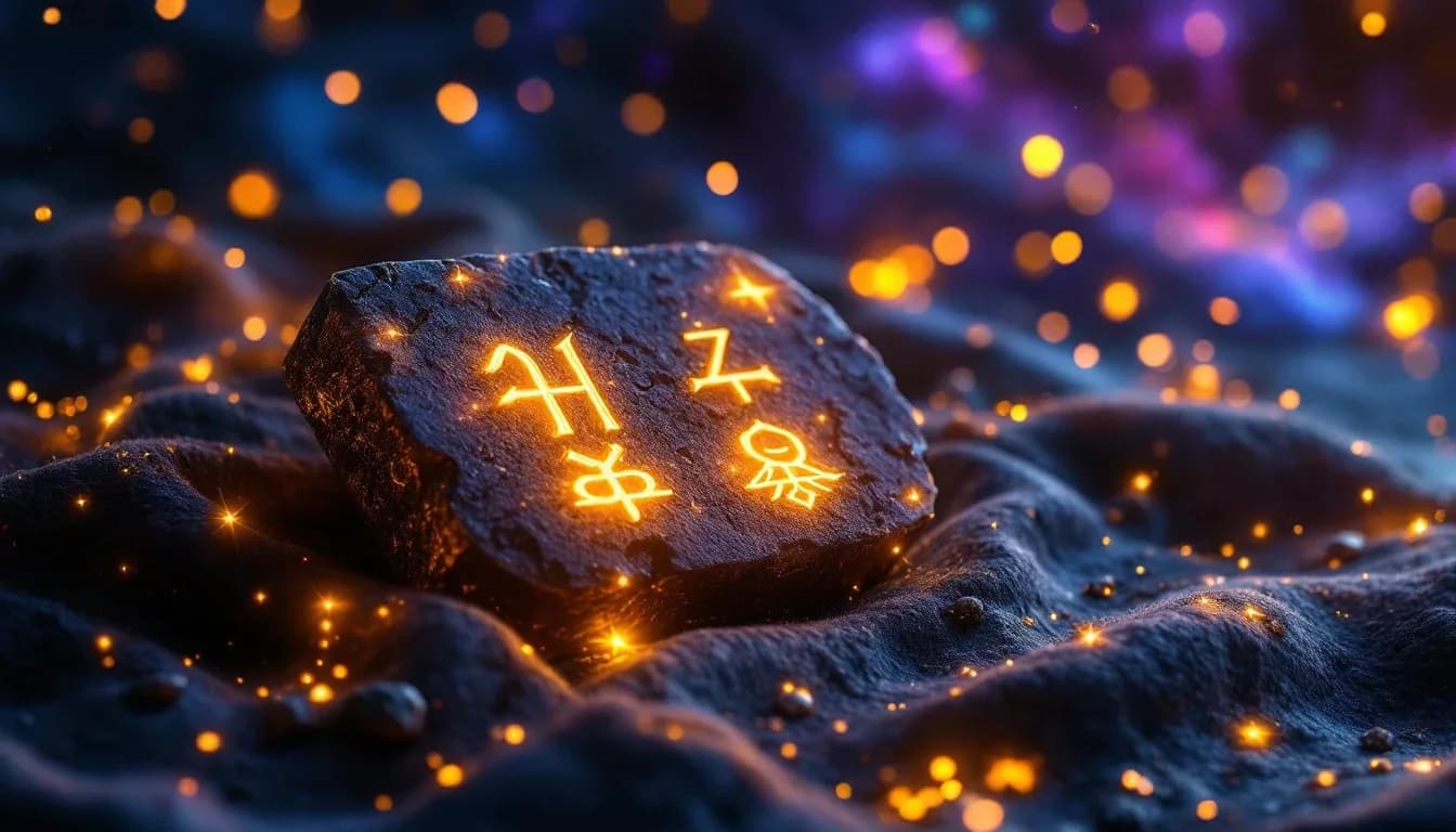A scatter of ancient stone runes carved with glowing golden Norse symbols on dark cloth, on a starry background