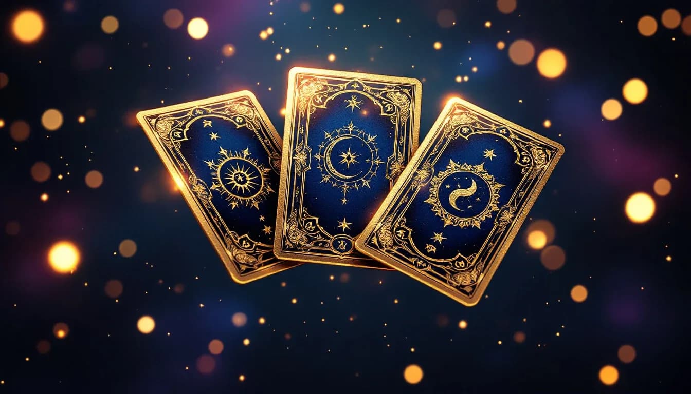 Three gilded tarot cards fanned out and glowing on a deep starry night background