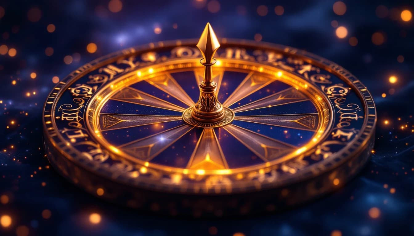 An ornate golden yes or no wheel spinner with alternating indigo and gold segments and a gilded pointer at the top